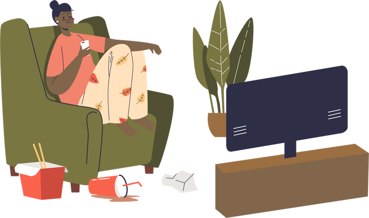 Menina sentada no sofá com smartphone assistindo TV e comendo comida do delivery durante o fim de semana  Ilustração