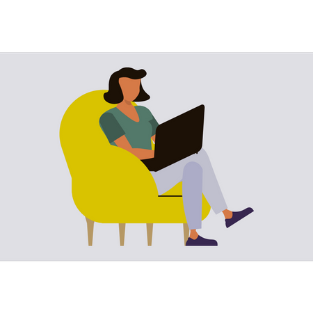 Menina sentada no sofá trabalhando no laptop  Ilustração
