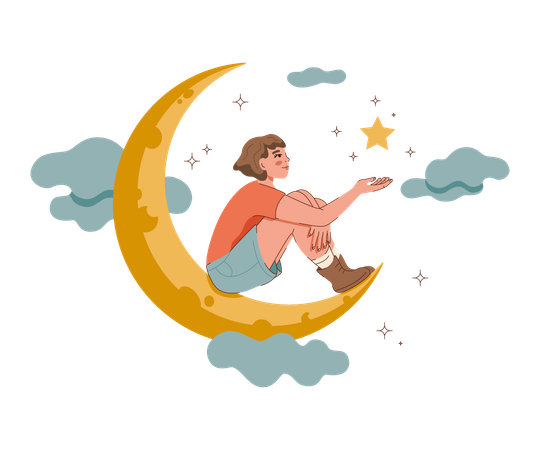 Garota sonhadora fantasia com oportunidade de sentar na lua crescente e segurar estrela com firmamento  Ilustração