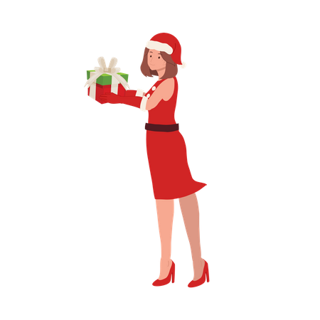 Menina sorridente com roupa de Papai Noel e segurando uma caixa de presente  Ilustração