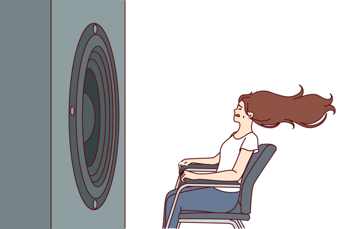 Garota ensurdecida tentando ouvir a música sentada perto de um woofer alto  Ilustração