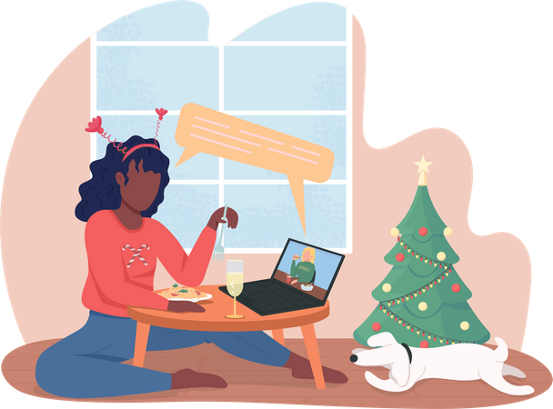 Garota tendo jantar de natal virtual  Ilustração