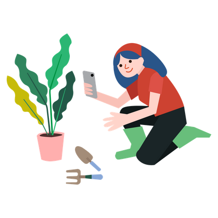 Menina tirando foto da planta  Ilustração