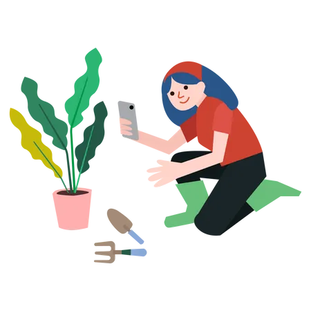 Menina tirando foto da planta  Ilustração