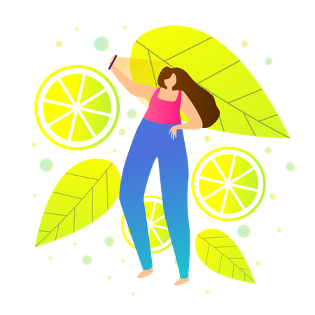 Garota tirando selfie sobre limão ou fundo de verão  Ilustração
