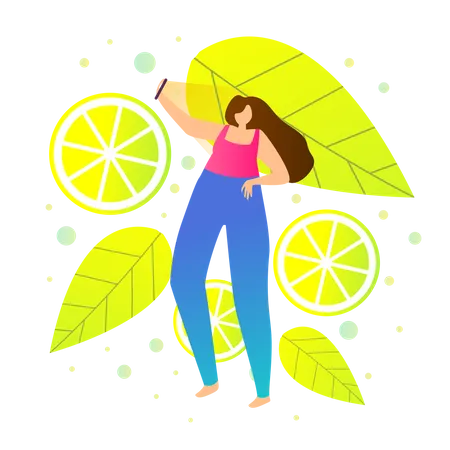 Garota tirando selfie sobre limão ou fundo de verão  Ilustração