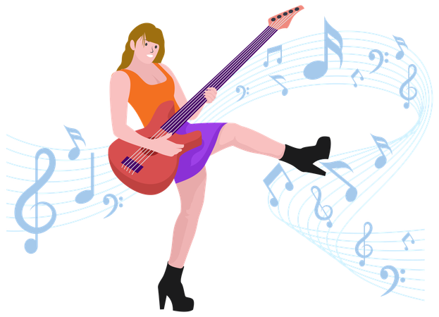 Menina tocando guitarra elétrica  Ilustração