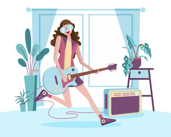 Menina tocando guitarra em casa  Ilustração