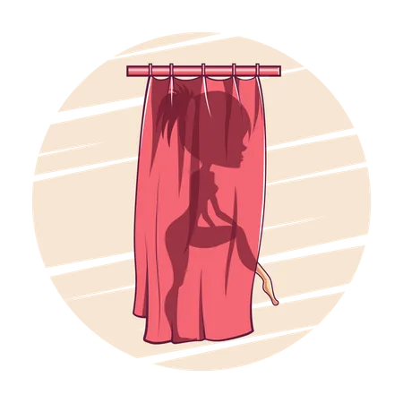 Menina tomando banho atrás da cortina  Ilustração