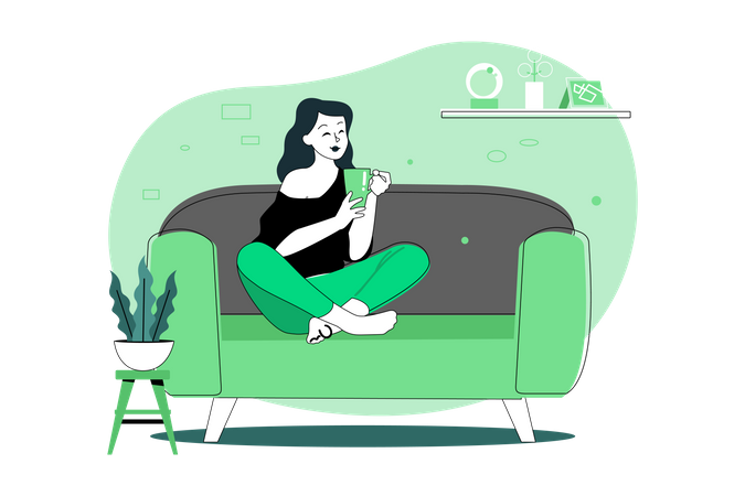 Menina tomando café e relaxando no sofá  Ilustração