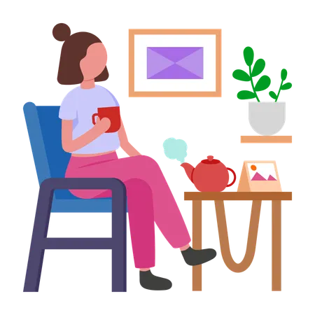Menina tomando chá da tarde  Ilustração