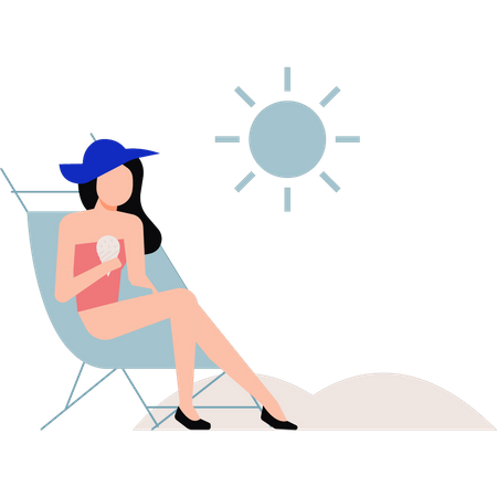 Menina tomando banho de sol na praia  Ilustração