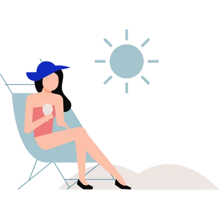 Menina tomando banho de sol na praia  Ilustração