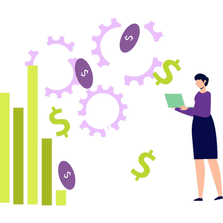 Garota trabalhando na configuração do gráfico de dólar  Ilustração