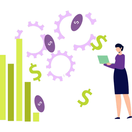 Garota trabalhando na configuração do gráfico de dólar  Ilustração