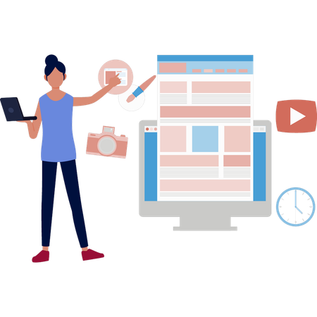 Garota trabalhando com marketing digital e publicidade online  Illustration