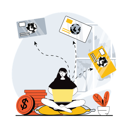 Garota trabalhando no laptop e fazendo transferência on-line  Ilustração