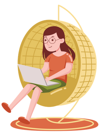 Garota trabalhando no laptop enquanto está sentado no sofá  Ilustração