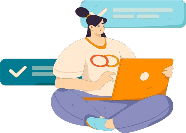 Garota trabalhando no laptop enquanto faz comunicação comercial  Ilustração