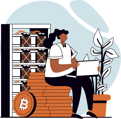 Garota trabalhando no servidor bitcoin  Illustration