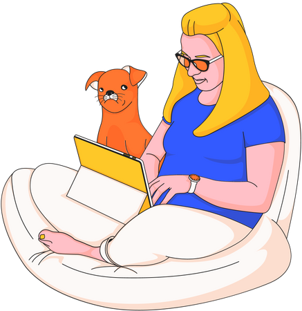 Menina trabalhando no tablet enquanto animal de estimação sentado ao lado  Ilustração