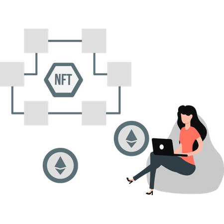 Garota trabalhando em rede ethereum  Ilustração