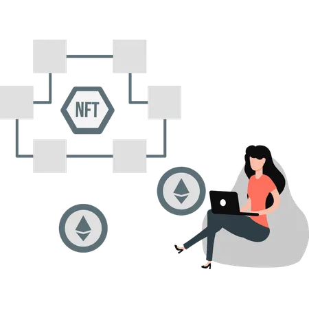 Garota trabalhando em rede ethereum  Ilustração