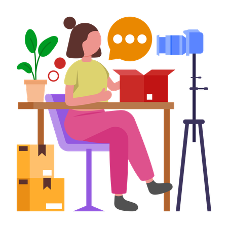 Garota desempacotando produto em transmissão de vídeo  Ilustração