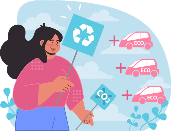 Menina usando carro elétrico salva a terra  Ilustração