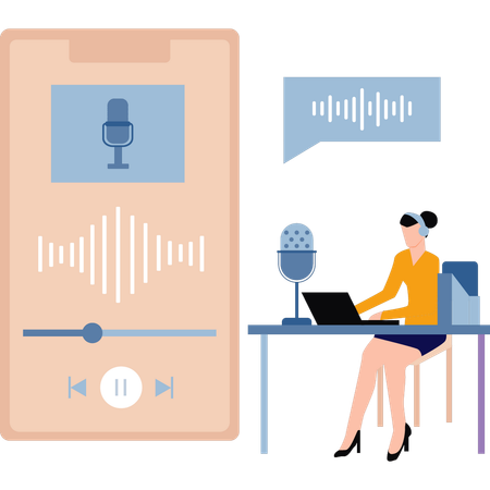 Garota usando fones de ouvido está ouvindo um podcast online  Ilustração