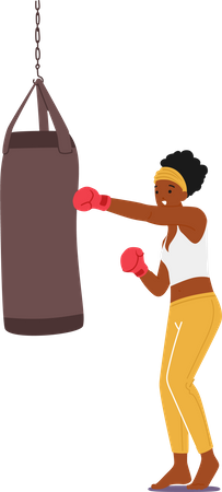 Garota usando luvas de boxe batendo em saco de pancadas  Ilustração