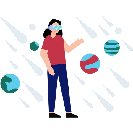 Garota usando óculos VR olha para os planetas  Ilustração