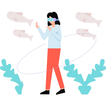 Garota usando óculos VR olhando debaixo d'água  Ilustração