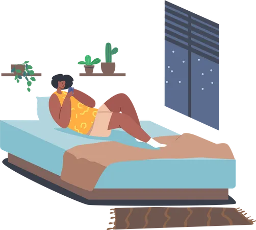 Menina usando smartphone na hora de dormir  Ilustração