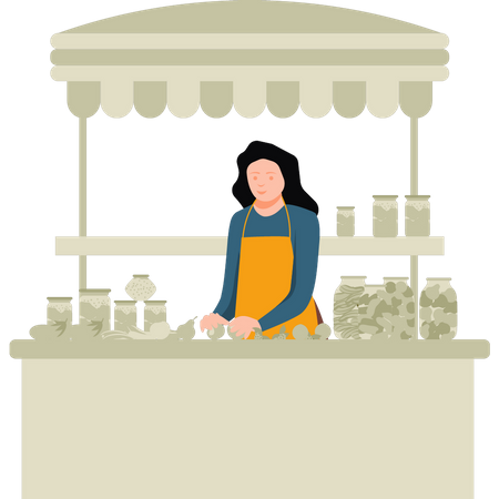 Garota vendendo doces na loja  Ilustração