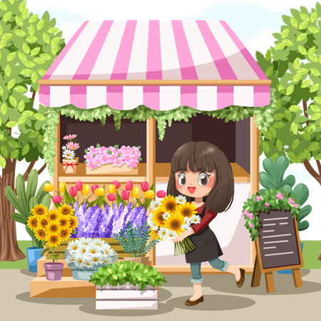 Menina vendendo flores na floricultura  Ilustração