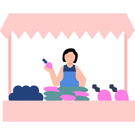 Garota vendendo legumes na barraca  Ilustração