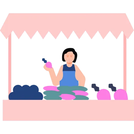 A Garota Esta Vendendo Legumes Na Barraca Ilustração