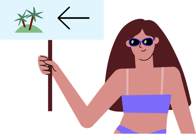 Garota de verão segurando o ponteiro da placa para a praia  Ilustração