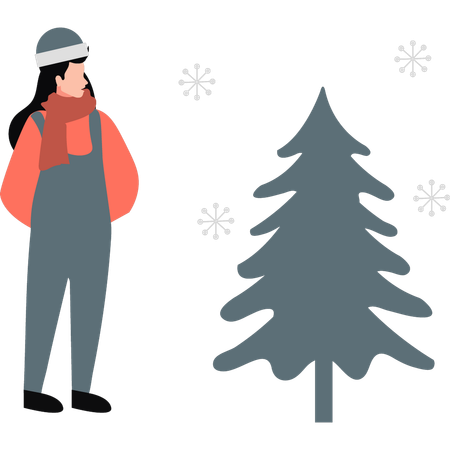 Menina vestindo roupas quentes, aproveitando a neve caindo  Ilustração