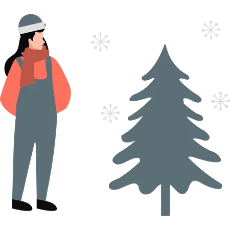 Menina vestindo roupas quentes, aproveitando a neve caindo  Ilustração