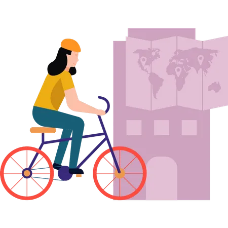 Uma Garota Esta Viajando De Bicicleta Ilustração