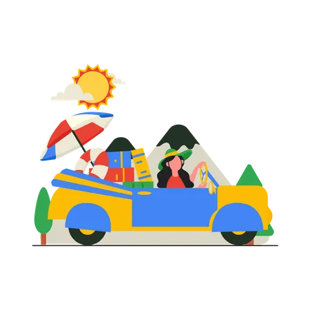 Menina viajando de carro  Ilustração