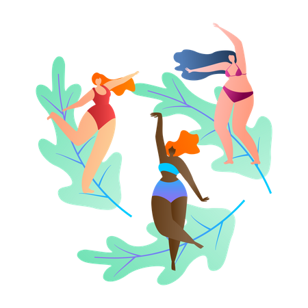 As meninas da praia estão dançando em trajes de banho  Ilustração