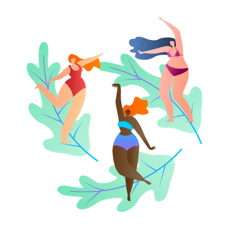 As meninas da praia estão dançando em trajes de banho  Ilustração