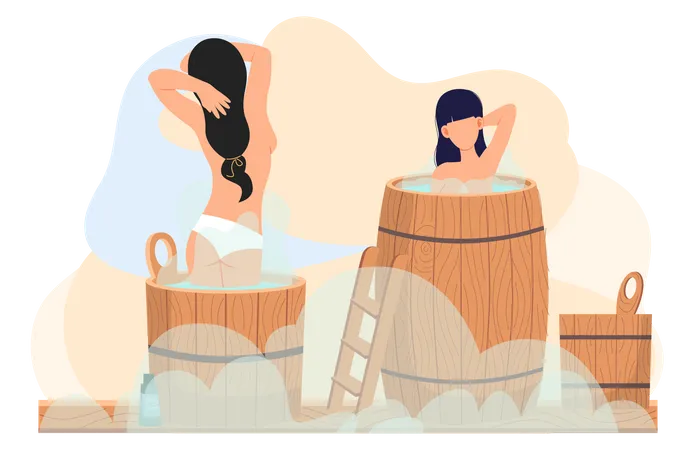 Meninas em barris estão descansando na sauna com vapor quente  Ilustração