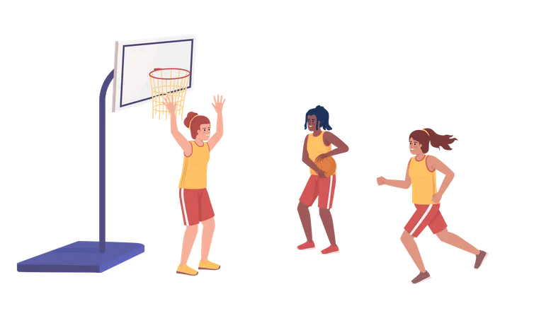 Garotas esportivas jogando basquete juntas  Illustration