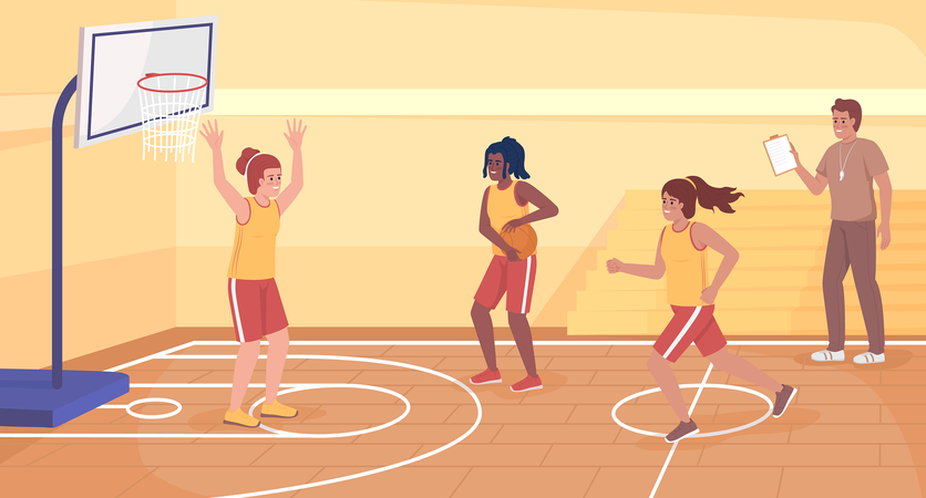 Garotas esportivas jogando basquete juntas  Ilustração