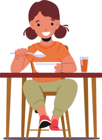 Menina comendo comida enquanto está sentado na mesa  Ilustração