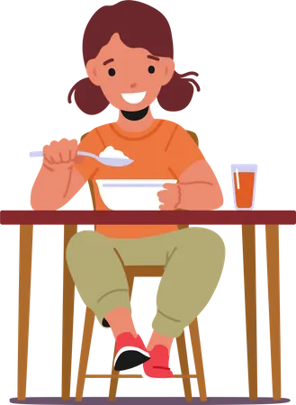 Menina comendo comida enquanto está sentado na mesa  Ilustração